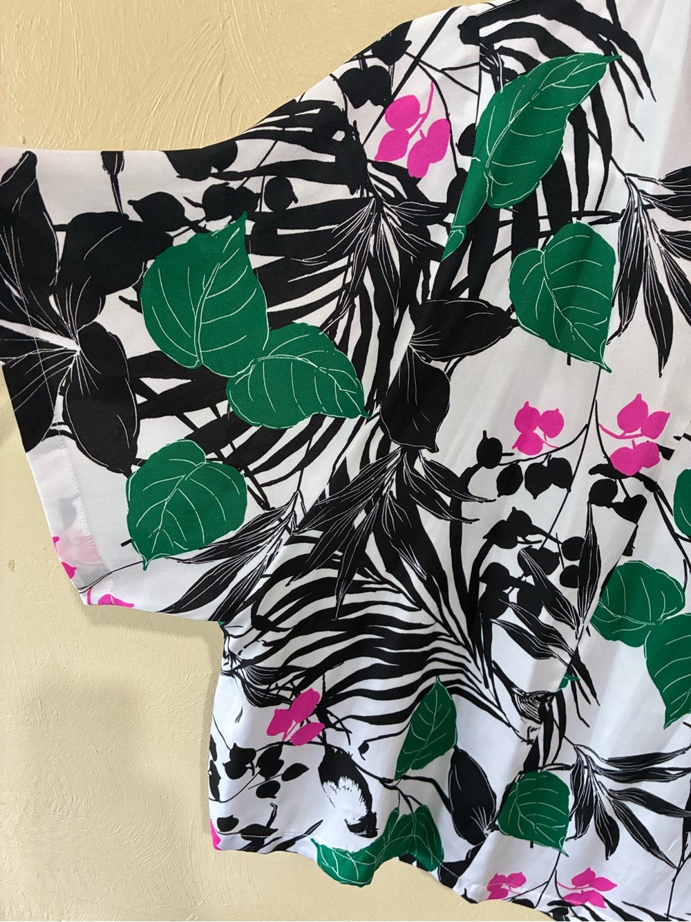 Worthington White Botanical Print Draped Neck Blouse with Green & Pink Accents - Picture 3 of 8